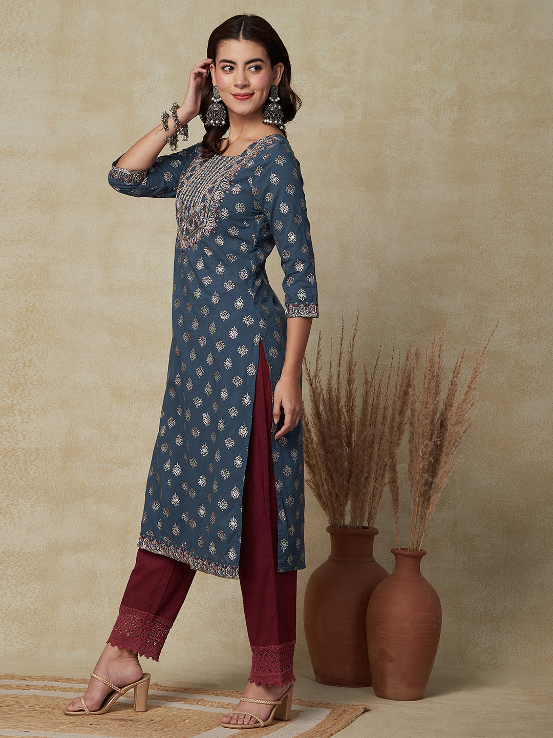 Floral Foil Printed & Embroidered Straight Fit Kurta - Blue