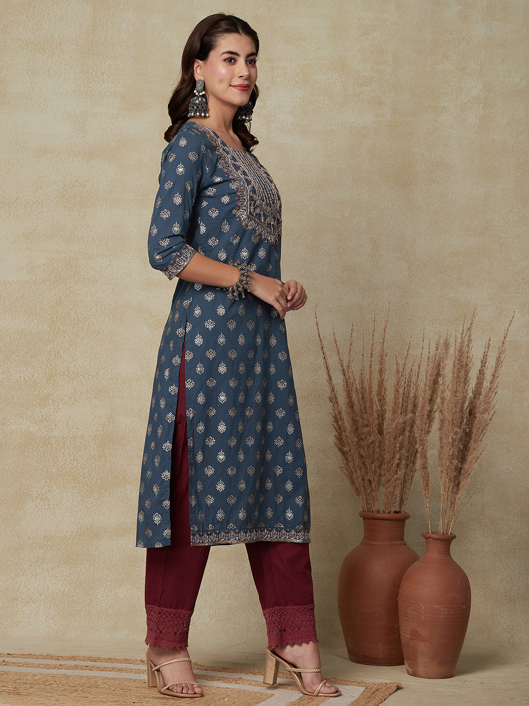 Floral Foil Printed & Embroidered Straight Fit Kurta - Blue