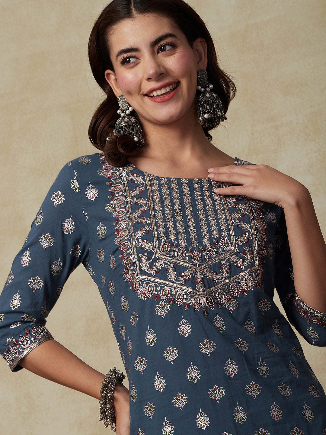 Floral Foil Printed & Embroidered Straight Fit Kurta - Blue