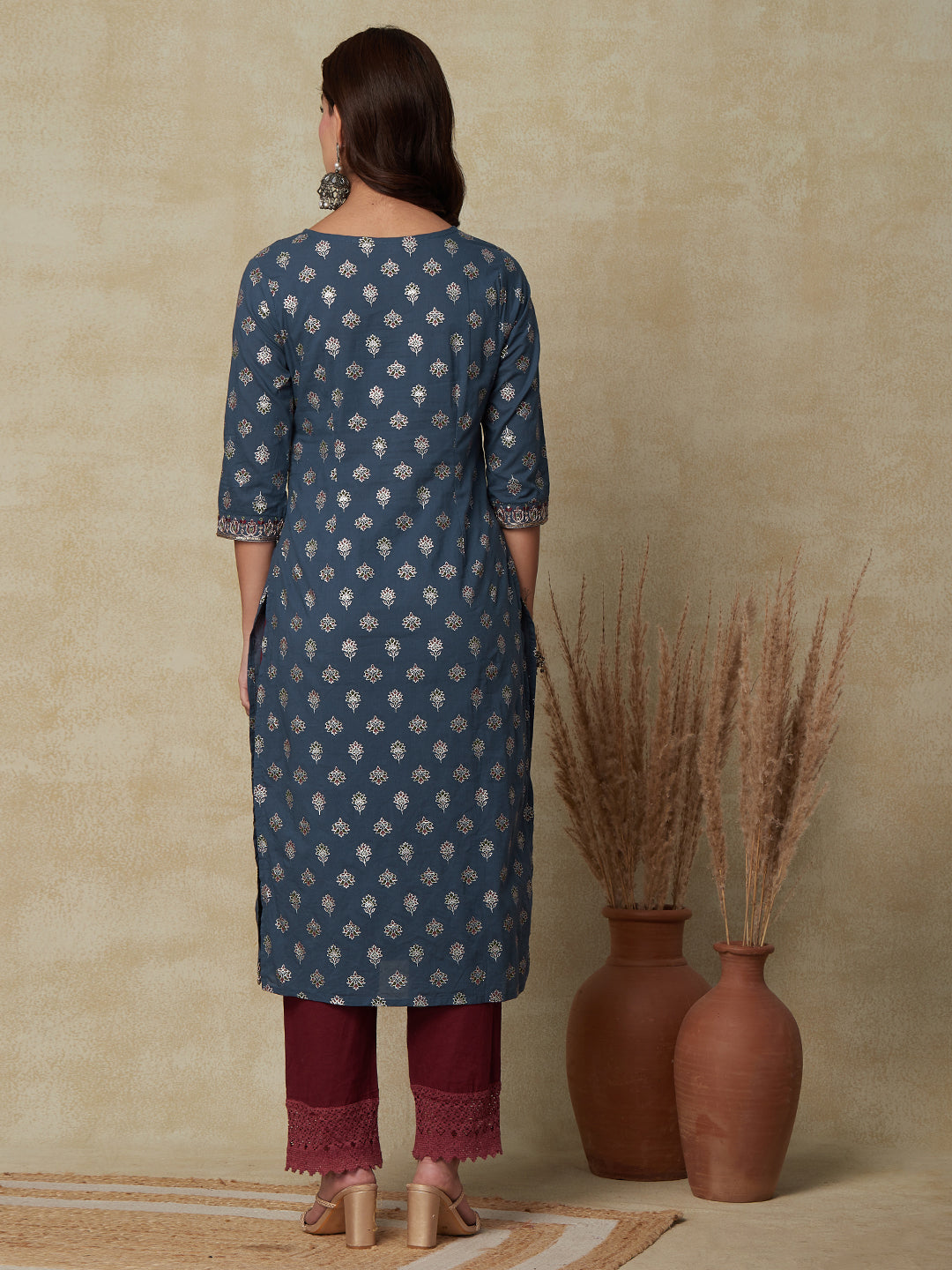 Floral Foil Printed & Embroidered Straight Fit Kurta - Blue