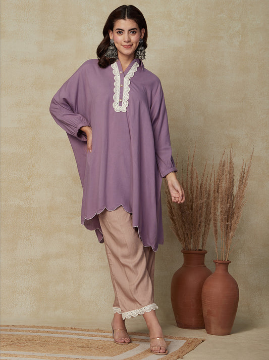 Solid Foil Embroidered Kaftan Kurta with Palazzo - Lavender