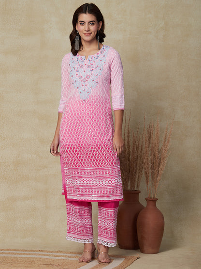 Ombre Dyed & Chikankari Embroidered Straight Kurta with Palazzo - Pink