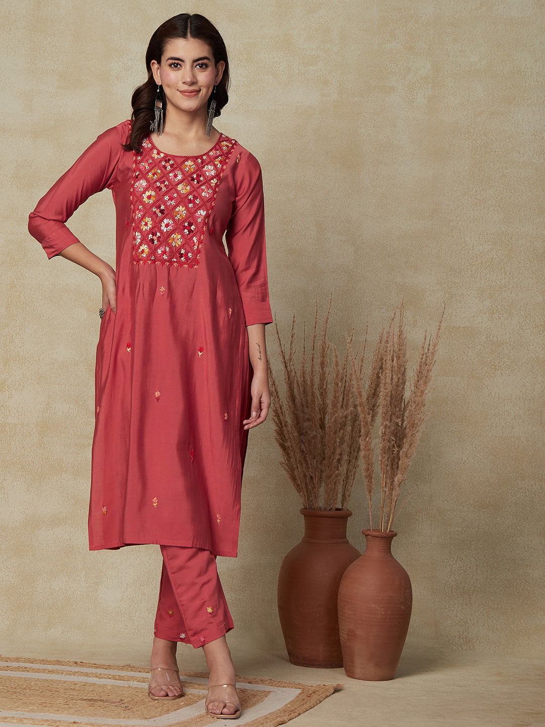 Solid Floral Hand Embroidered Straight Fit Kurta - Coral