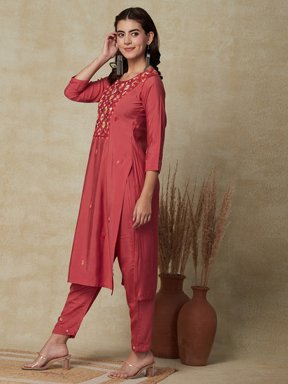 Solid Floral Hand Embroidered Straight Fit Kurta - Coral