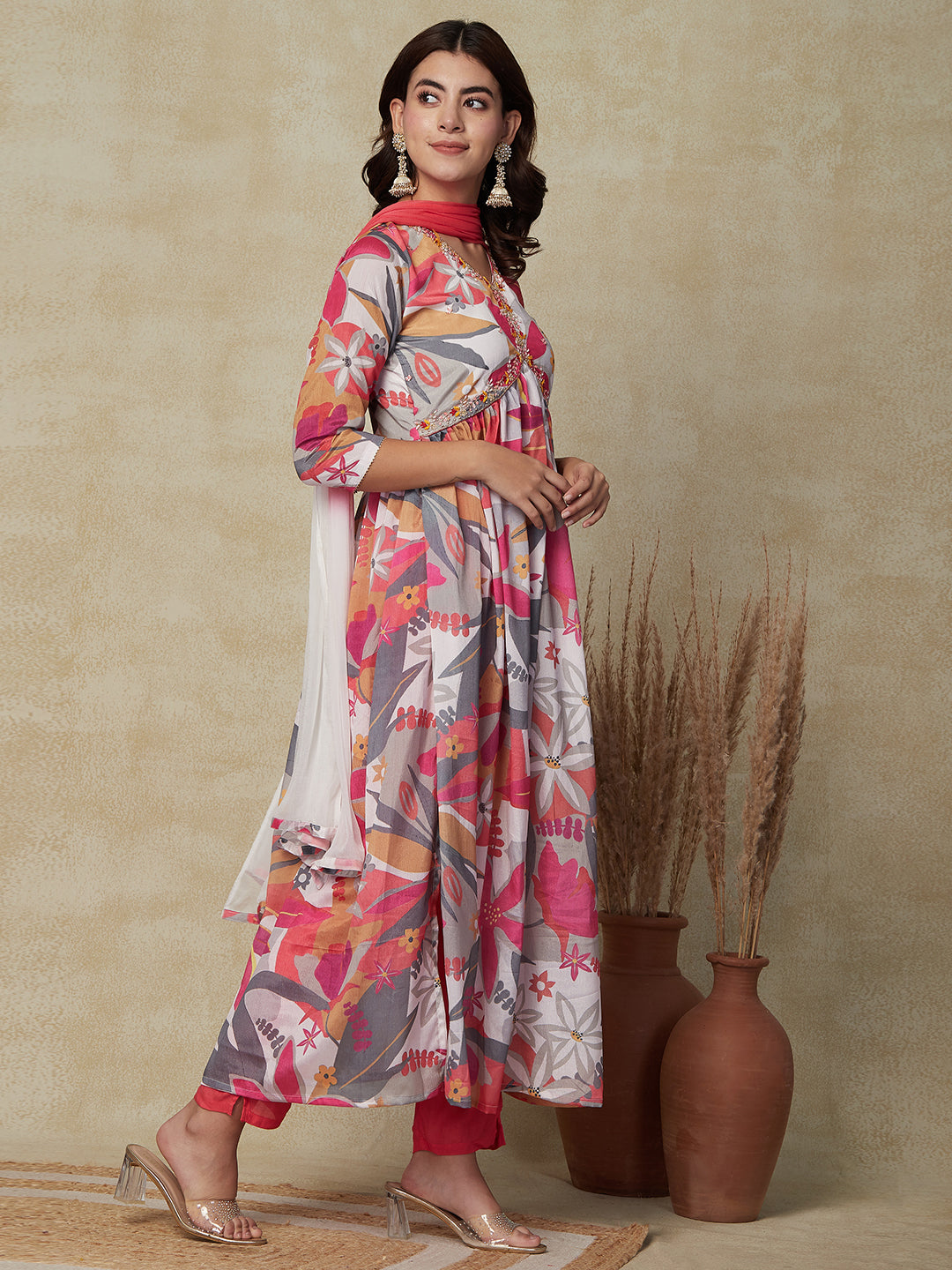Floral Printed & Embroidered A-Line Pleated Kurta with Pant & Dupatta - Multi