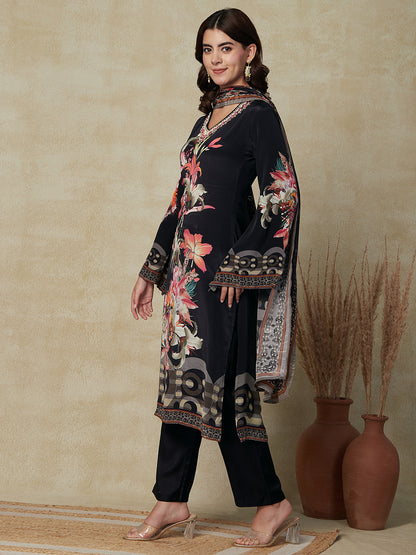 Floral Printed & Embroidered Straight Kurta with Pant & Dupatta - Black