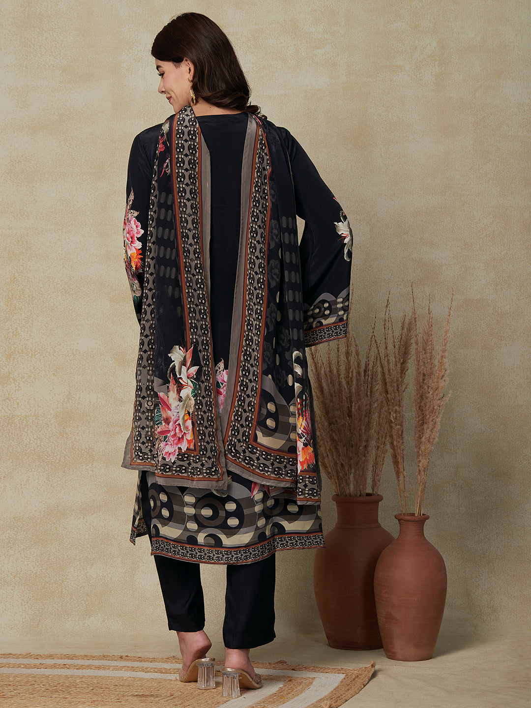 Floral Printed & Embroidered Straight Kurta with Pant & Dupatta - Black