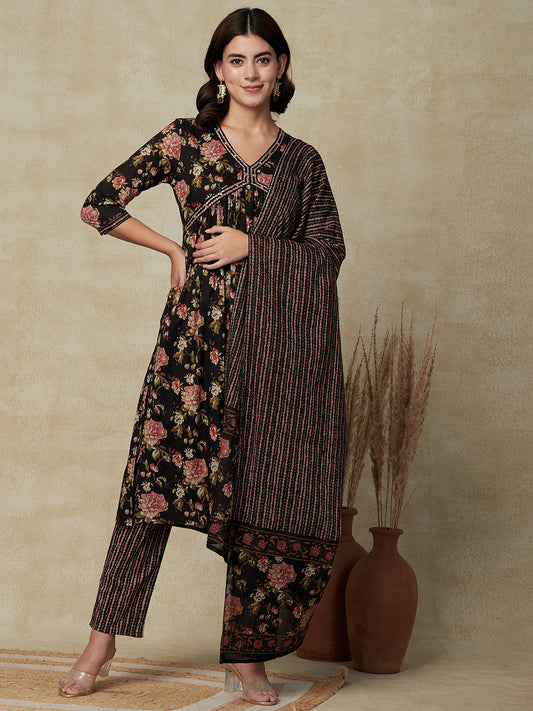 Floral Printed Mirror & Sequins Embroidered Pleated Kurta with Pants & Dupatta - Black