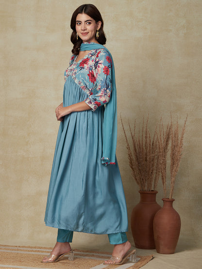 Floral Printed & Embroidered A-Line Pleated Kurta with Pant & Dupatta - Blue