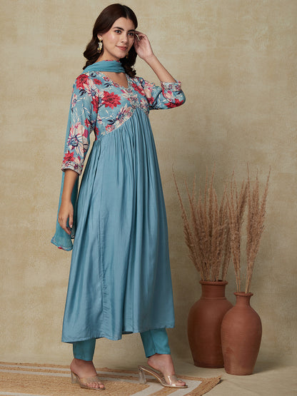 Floral Printed & Embroidered A-Line Pleated Kurta with Pant & Dupatta - Blue