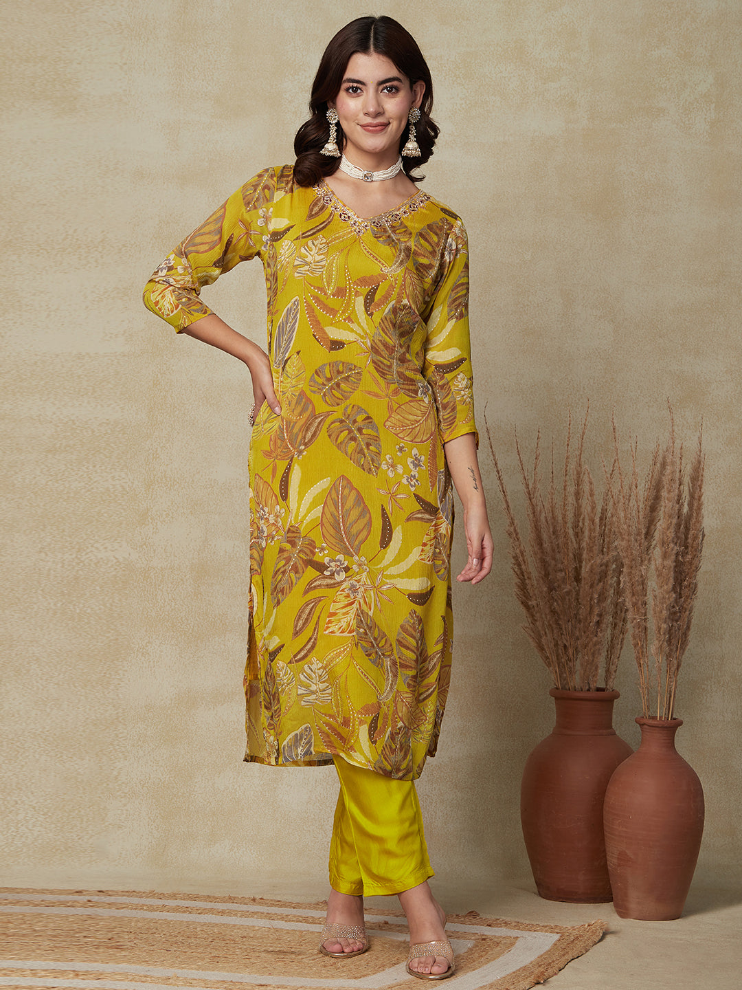 Floral Printed & Embroidered Straight Kurta with Pant & Dupatta - Yellow
