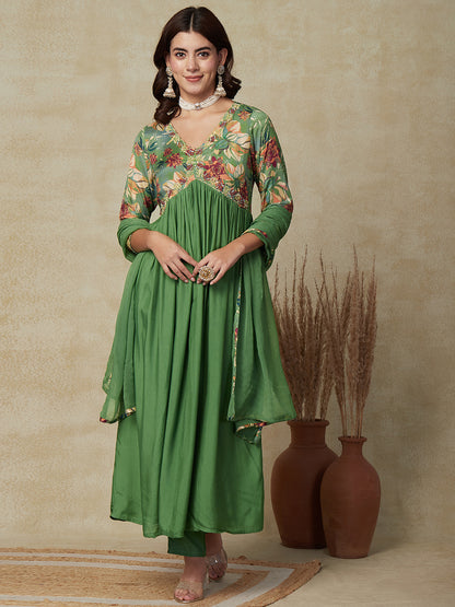 Floral Printed & Embroidered A-Line Pleated Kurta with Pant & Dupatta - Green