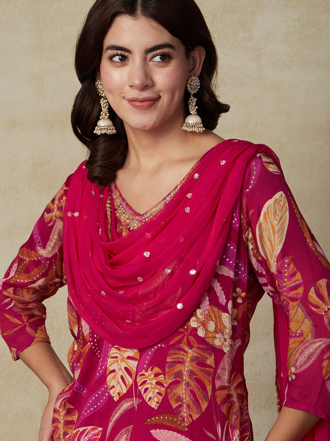 Floral Printed & Embroidered Straight Kurta with Pant & Dupatta - Pink