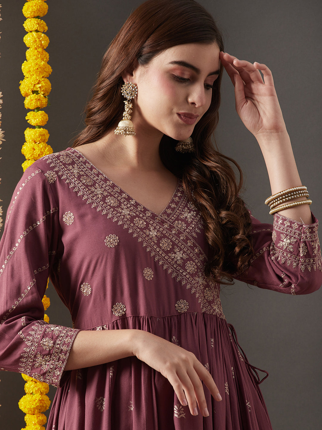 Solid Ethnic Sequin Embroidered & Printed A-Line Pleated Maxi Dress - Mauve