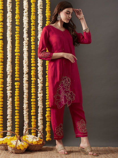 Solid Zari & Sequins Embroidered Kurta with Pants - Red