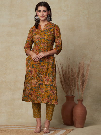 Floral Block Printed Sequins Embellished Angrakha Style Kurta with Pants - Mustard