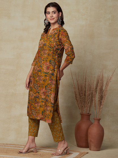 Floral Block Printed Sequins Embellished Angrakha Style Kurta with Pants - Mustard