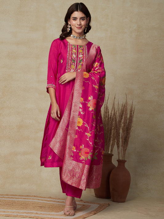 Solid Mirror & Zardozi Embroidered Kurta with Pants & Zari Jacquard Dupatta - Pink