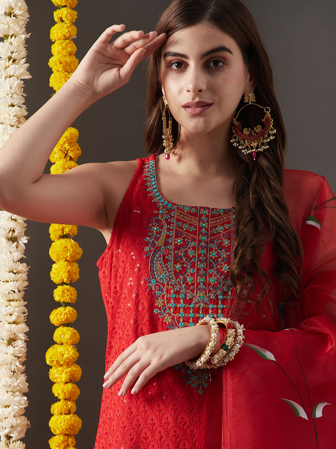 Solid Resham, Sequins & Mirror Embroidered Kurta with Pants & Hand Painted Dupatta - Red