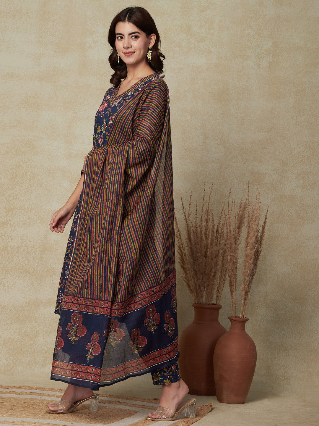 Floral Printed Mirror & Sequins Embroidered Kurta with Salwar Pants & Dupatta - Blue