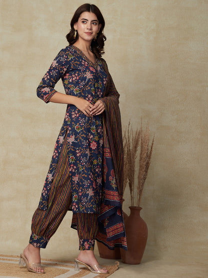 Floral Printed Mirror & Sequins Embroidered Kurta with Salwar Pants & Dupatta - Blue