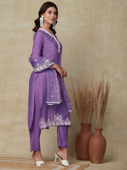 Solid Resham Embroidered Kurta with Pants & Embroidered Dupatta - Purple