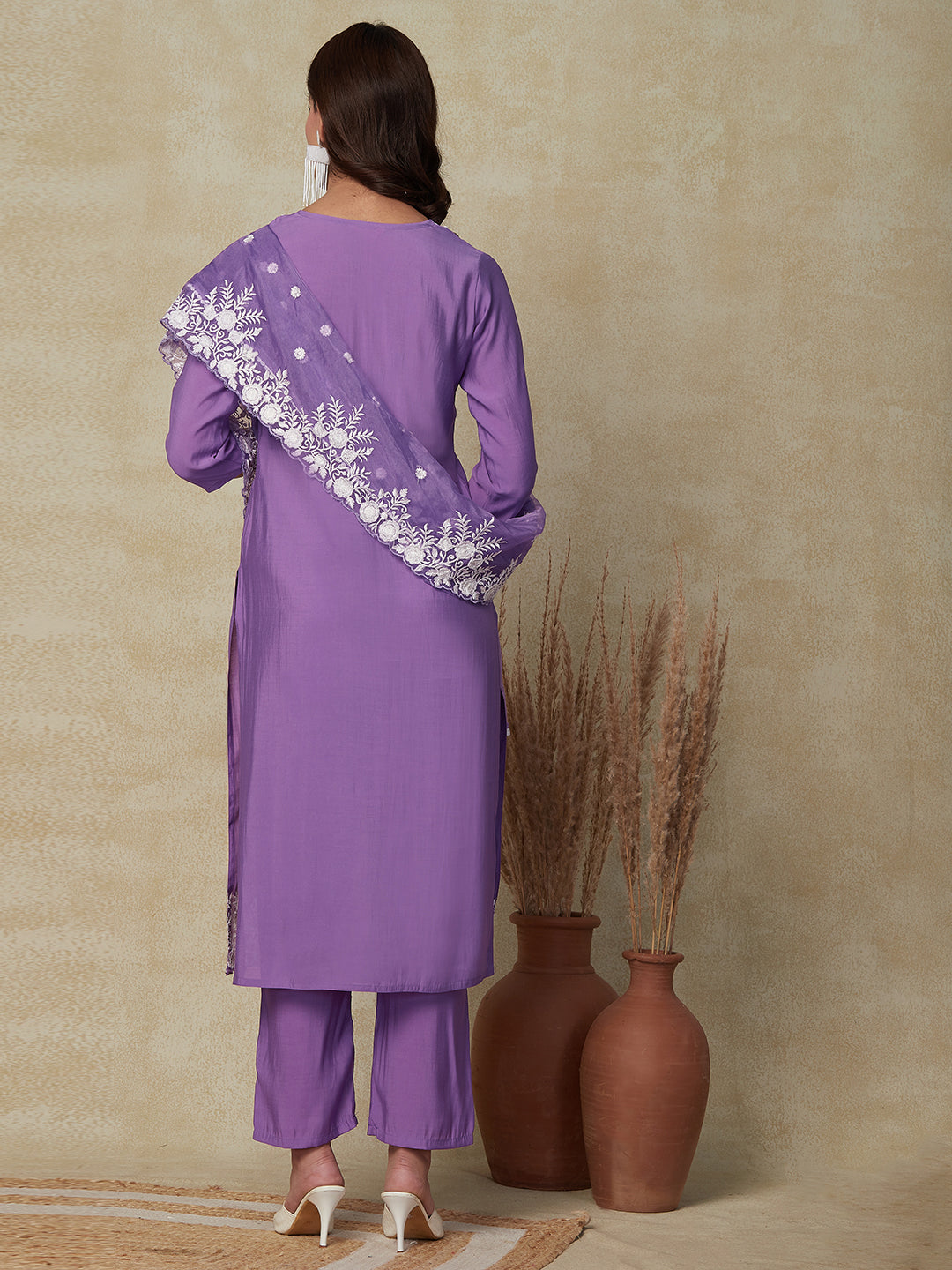 Solid Resham Embroidered Kurta with Pants & Embroidered Dupatta - Purple