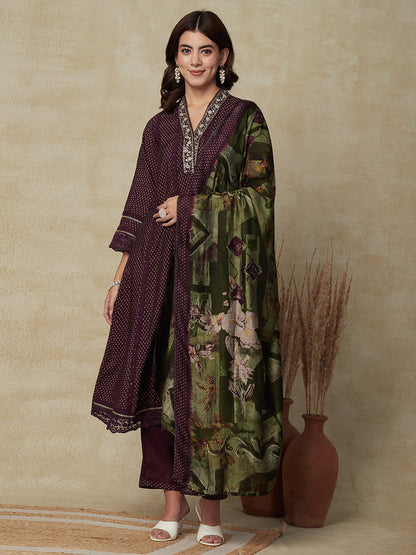 Abstract Printed Mirror & Gotapatti Embroidered Kalidar Kurta with Pants & Dupatta - Burgundy