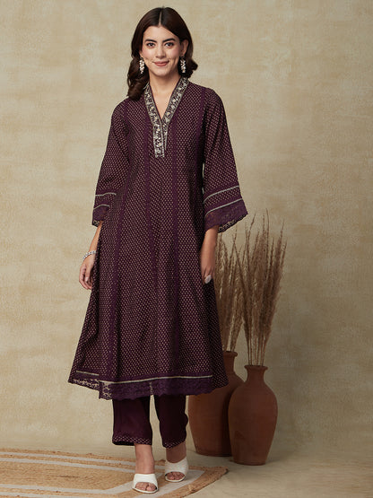 Abstract Printed Mirror & Gotapatti Embroidered Kalidar Kurta with Pants & Dupatta - Burgundy