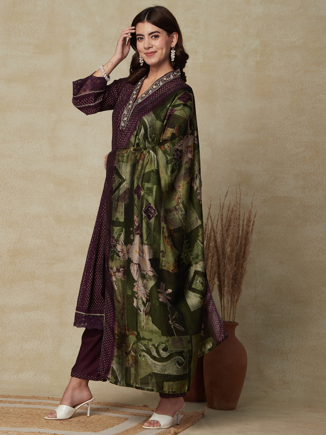 Abstract Printed Mirror & Gotapatti Embroidered Kalidar Kurta with Pants & Dupatta - Burgundy