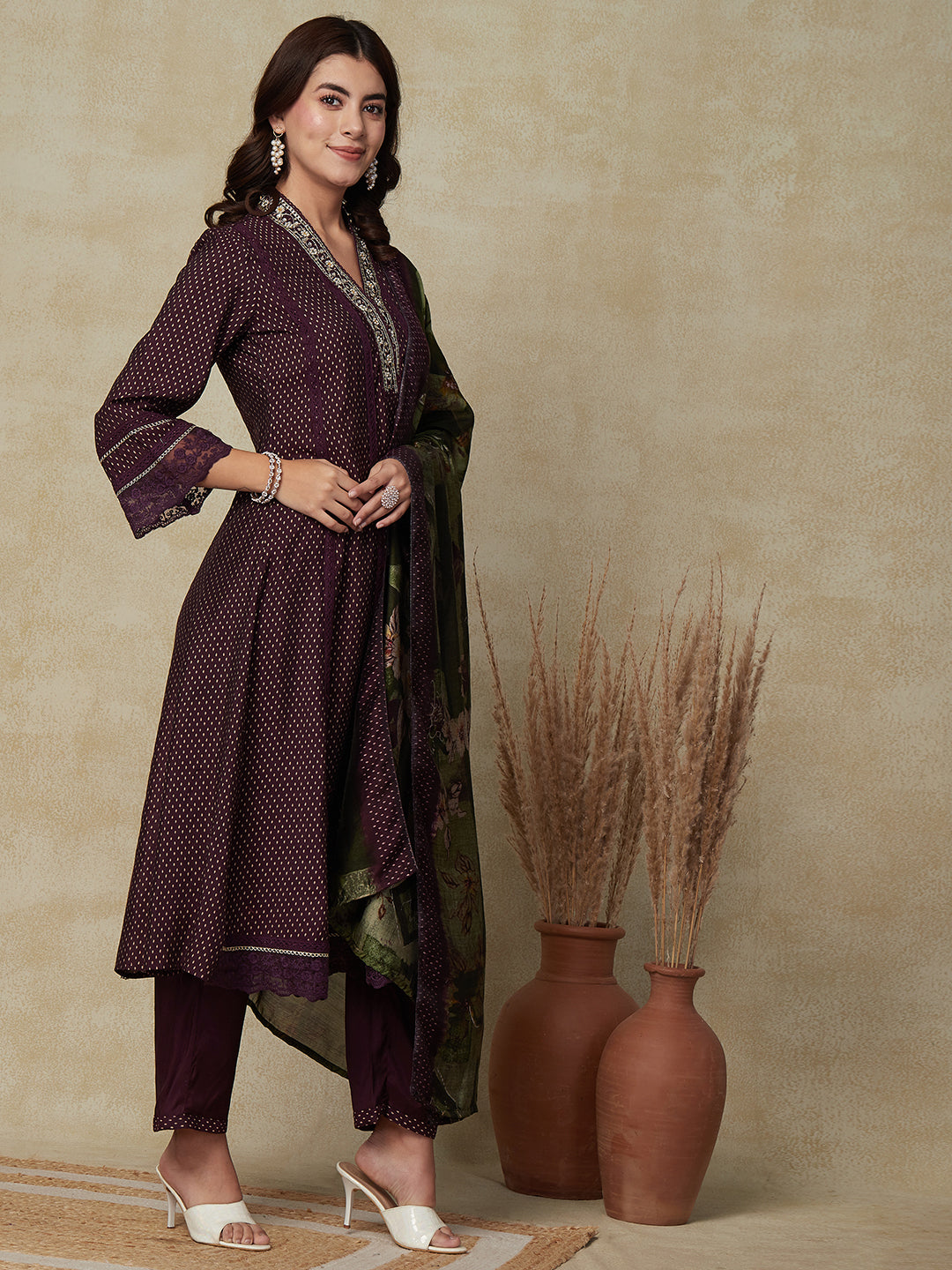 Abstract Printed Mirror & Gotapatti Embroidered Kalidar Kurta with Pants & Dupatta - Burgundy