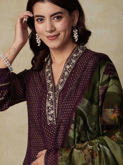 Abstract Printed Mirror & Gotapatti Embroidered Kalidar Kurta with Pants & Dupatta - Burgundy