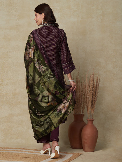 Abstract Printed Mirror & Gotapatti Embroidered Kalidar Kurta with Pants & Dupatta - Burgundy