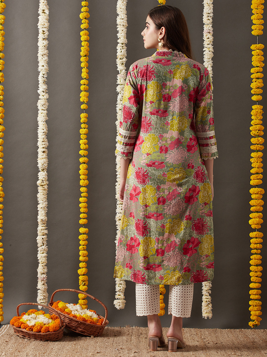 Floral Printed Dabka, Cutdana & Resham Aari Embroidered Kurta - Multi & Olive