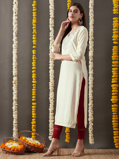 Solid Mirror Work Embroidered Straight Fit Kurta - Off White