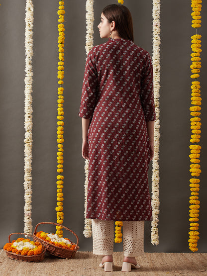 Ethnic Printed & Kantha Woven Straight Fit Kurta - Brown