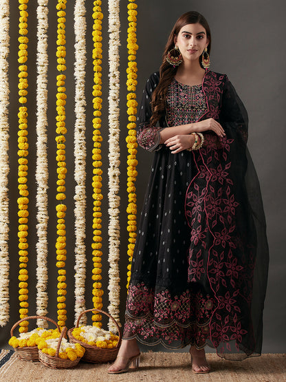 Woven Jacquard Resham & Zari Embroidered Anarkali with Sharara & Dupatta - Black