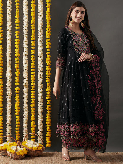 Woven Jacquard Resham & Zari Embroidered Anarkali with Sharara & Dupatta - Black