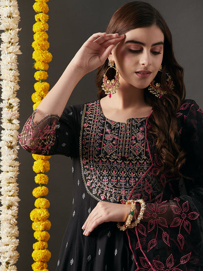 Woven Jacquard Resham & Zari Embroidered Anarkali with Sharara & Dupatta - Black