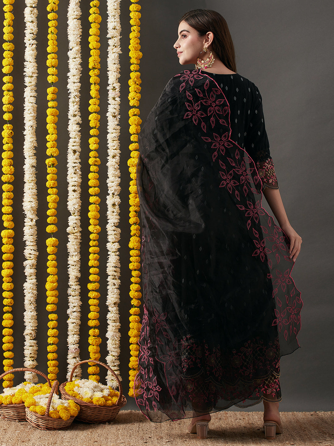 Woven Jacquard Resham & Zari Embroidered Anarkali with Sharara & Dupatta - Black