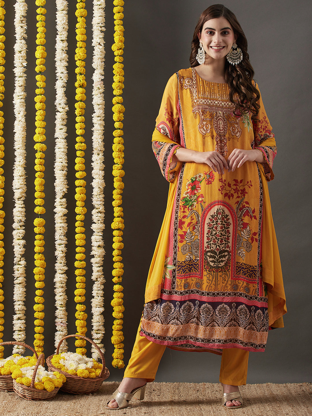 Floral & Ethnic Printed Sequins Embellished Kurta with Pants & Dupatta - Yellow