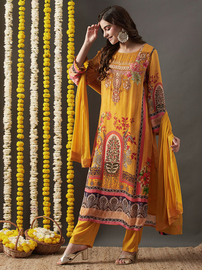 Floral & Ethnic Printed Sequins Embellished Kurta with Pants & Dupatta - Yellow