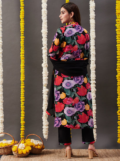 Floral Printed & Embroidered Straight Kurta with Pant & Dupatta - Multi