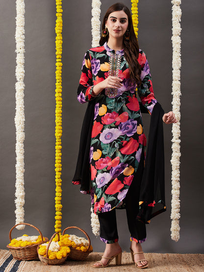 Floral Printed & Embroidered Straight Kurta with Pant & Dupatta - Multi