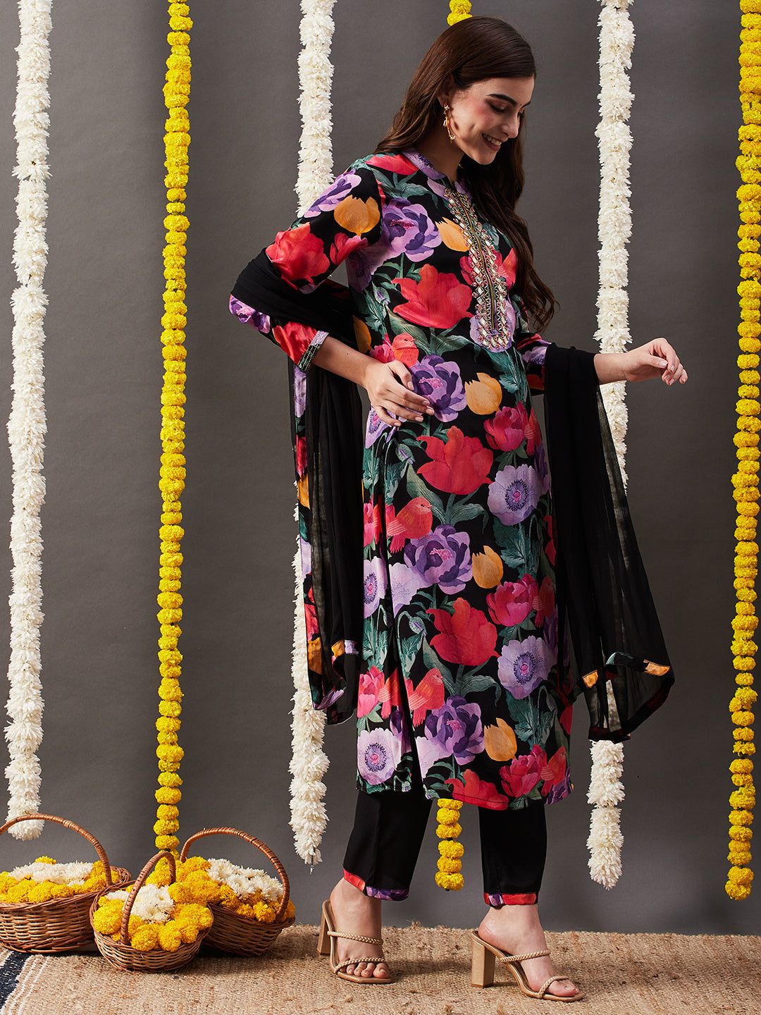 Floral Printed & Embroidered Straight Kurta with Pant & Dupatta - Multi