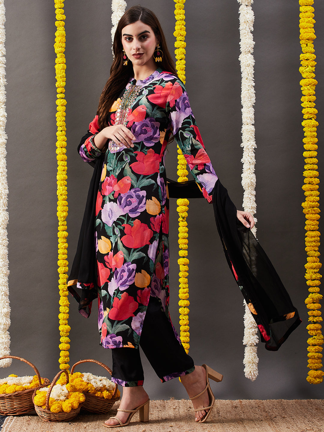 Floral Printed & Embroidered Straight Kurta with Pant & Dupatta - Multi