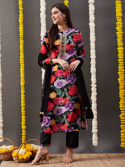 Floral Printed & Embroidered Straight Kurta with Pant & Dupatta - Multi