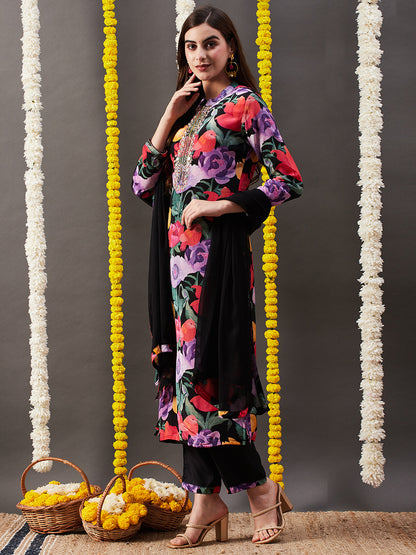 Floral Printed & Embroidered Straight Kurta with Pant & Dupatta - Multi