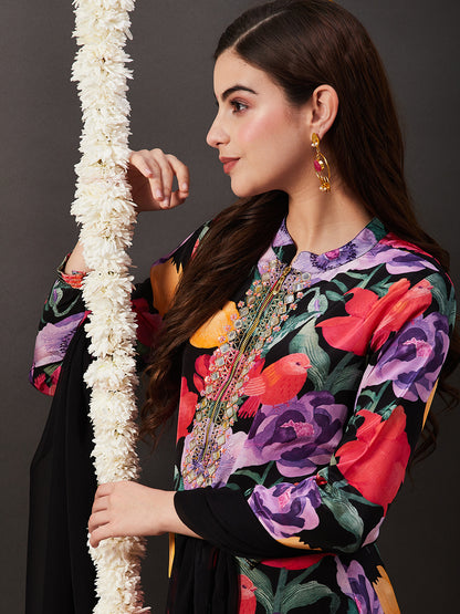 Floral Printed & Embroidered Straight Kurta with Pant & Dupatta - Multi