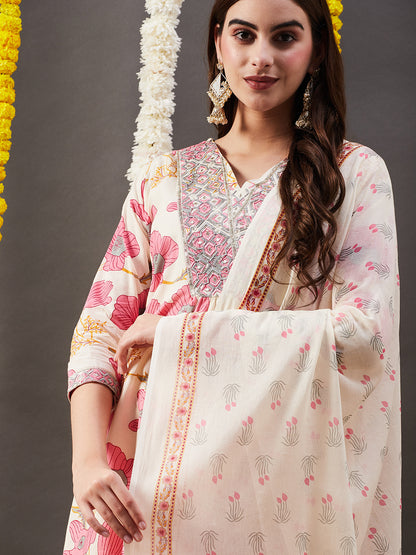 Floral Printed & Embroidered Straight Kurta with Pant & Dupatta - Off White